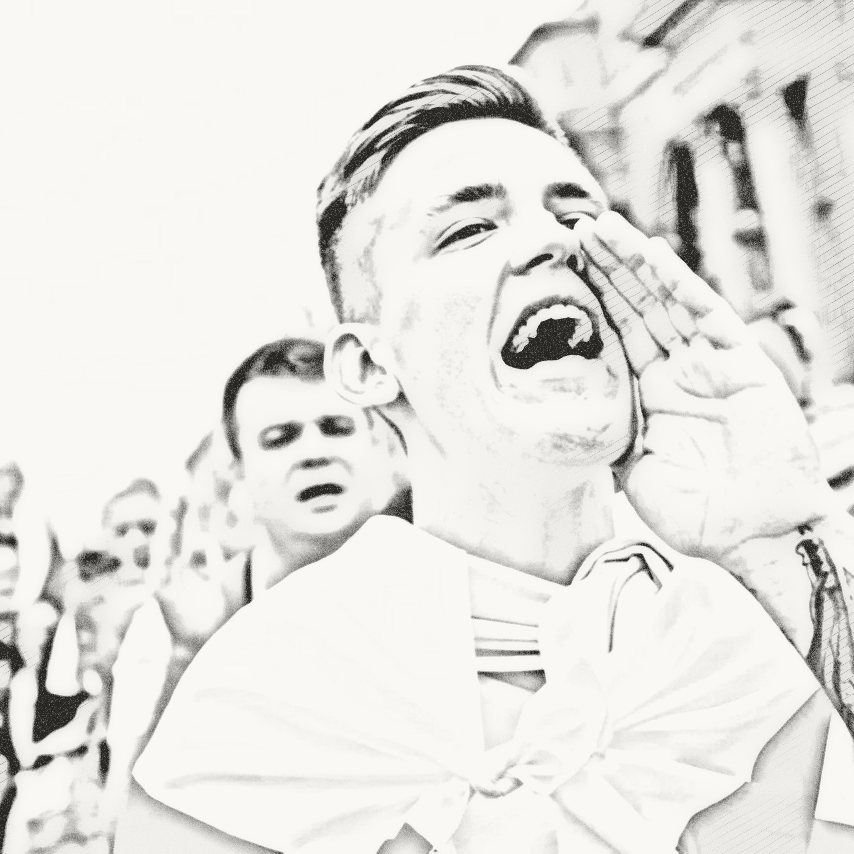 Рисунок: студент в бело-красно-белом флаге кричит, приложив ладонь ко рту
